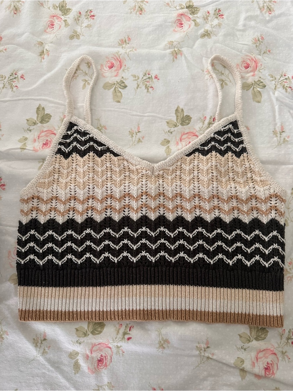 American Eagle Outfitters Striped Knit Cropped Cami in Black & Beige